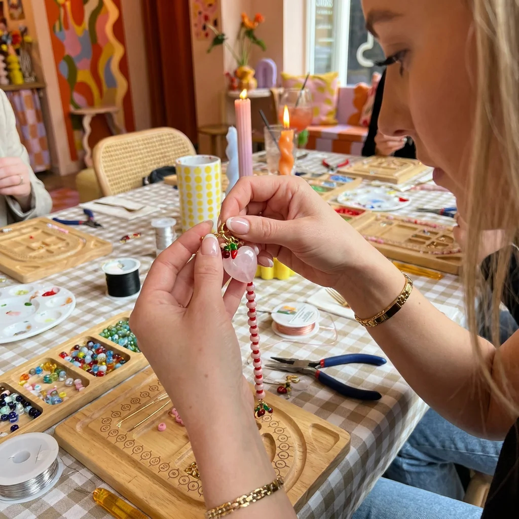 Habit Haus host threading a pink and red beaded statement necklace at a bead-filled studio table
